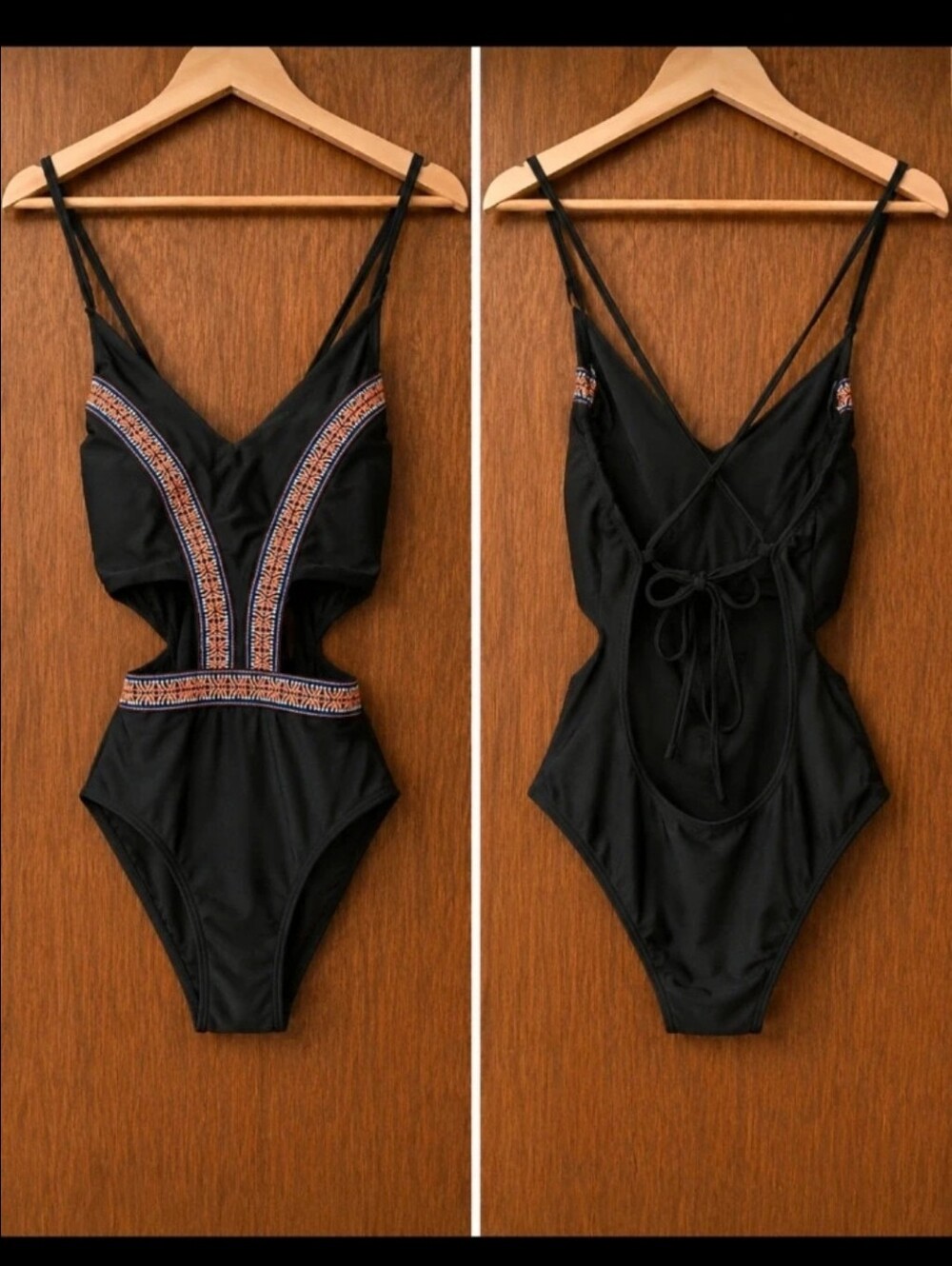 Xhilaration~ Black Cut-Out One-Piece Swimsuit Red Embroidered Trim S